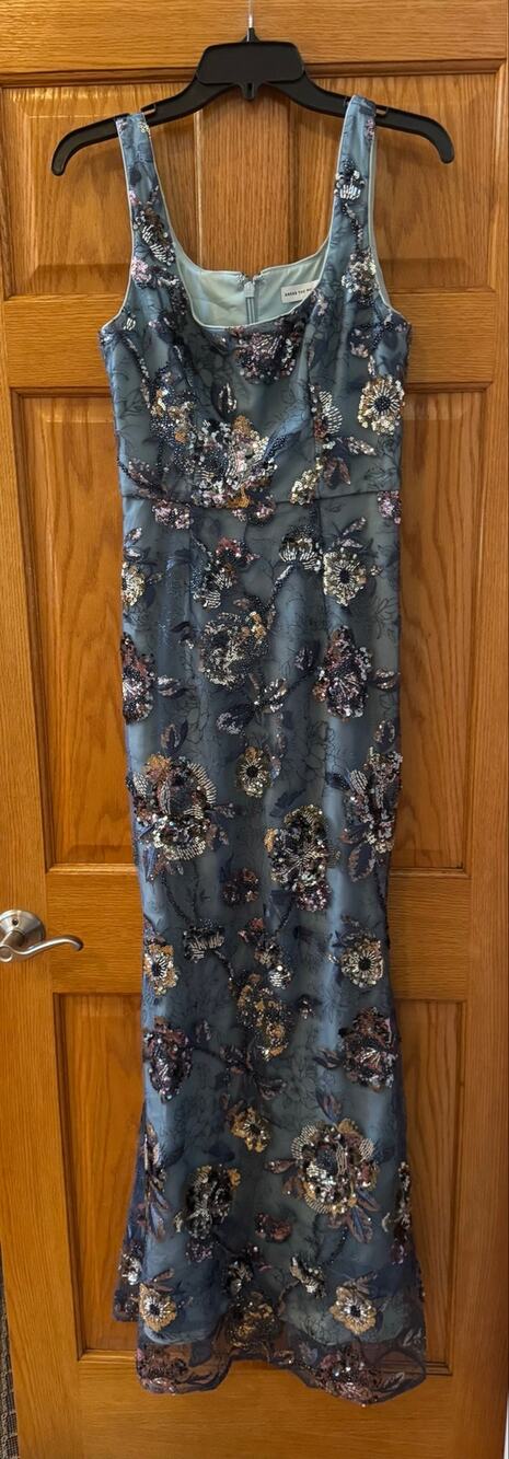 DRESS THE POPULATION Mineral Blue Multi Sequined Cocktail Dress size small (NEW)